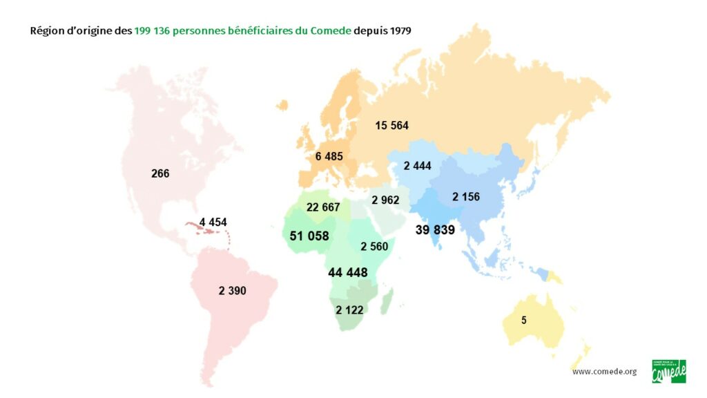 Région d’origine des 199 136 personnes bénéficiaires du Comede depuis 1979